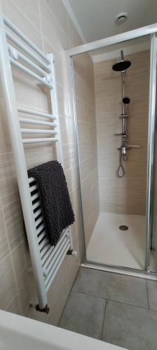 d'une douche avec une porte en verre et une serviette. dans l'établissement Le clos des primevères, à Aix-les-Bains