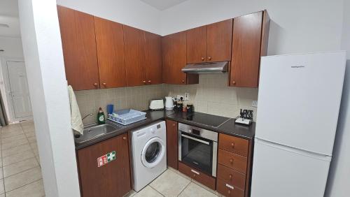 パフォスにあるPeaceful Apartment with Double Bed - Oak Breezeのキッチン(洗濯機、洗濯機付)