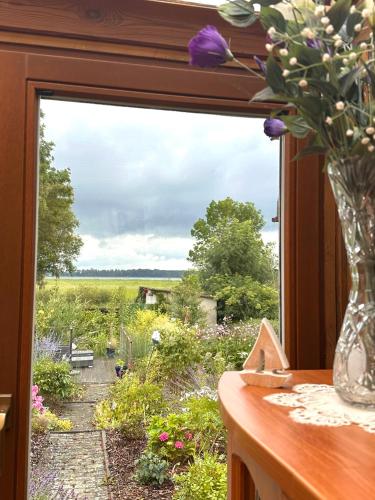 a window with a view of a field of flowers at Ferienhaus mit Wasserblick auf der Insel Usedom in Krummin