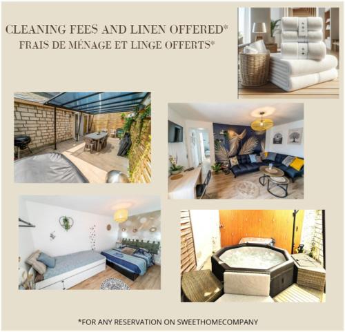 un collage de différentes photos d'un salon dans l'établissement Maison familiale Terrasse Jacuzzi Parking sur place près d'Honfleur, à Équemauville