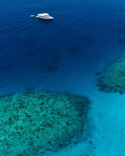 a boat in the ocean next to a reef at Flying Fish in Male City