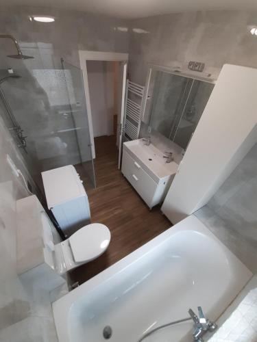 a bathroom with a sink and a toilet and a mirror at Erdgeschoss 75 m2 Großer Parkplatz WLAN Terrasse 30 m2 Übernachtung Unterkunft in Talheim