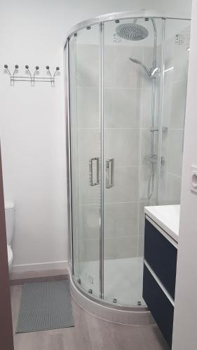 une douche avec une porte vitrée dans une salle de bain dans l'établissement Lumineux studio à Bandol, 2 pers, face à la plage, à Bandol