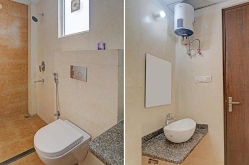 two pictures of a bathroom with a toilet and a sink at Roomquet comfort in Prayagraj