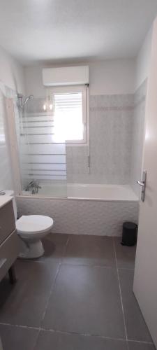 une salle de bain avec toilettes, baignoire et lavabo dans l'établissement appartement T1 Hyères, calme, piscine, clim, WIFI, parking, centre ville, à Hyères