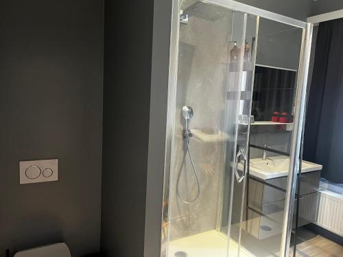 a shower with a glass door in a bathroom at Goodnight Leuven - Self check-in with airco in Leuven