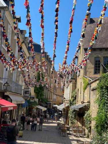 une rue avec un tas de perles suspendues aux bâtiments dans l'établissement Au cœur du centre historique de Sarlat, à Sarlat-la-Canéda