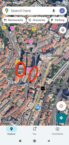 a map of a city with two red circles at 3 minutes walking to monaco & the beach in Beausoleil