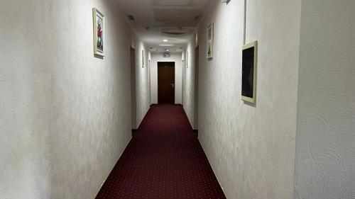 a long corridor with a red carpet in a hallway at JEPPESEN RESIDENCE in Almaty