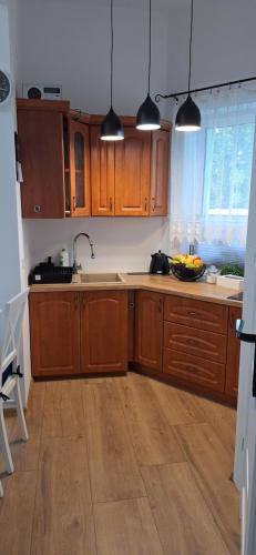 a kitchen with wooden cabinets and a bowl of fruit at Kaprys Apartament in Brenna