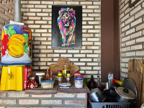 a painting of a lion on a brick wall at Zizi Home Vibes in Chapada dos Guimarães