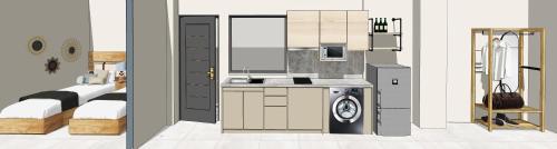 two views of a kitchen and a bedroom at BluMango Resort in Ierissos