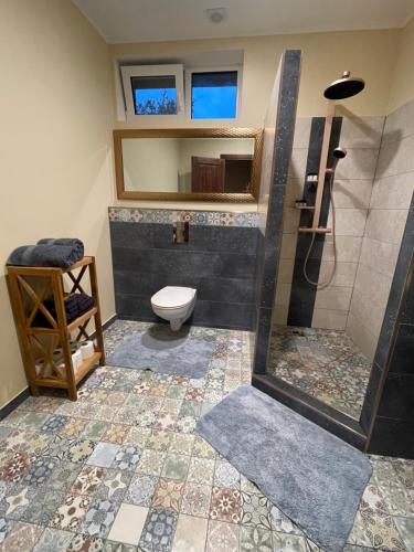 a bathroom with a shower and a toilet in it at More Holiday Pine House in Bigauņciems