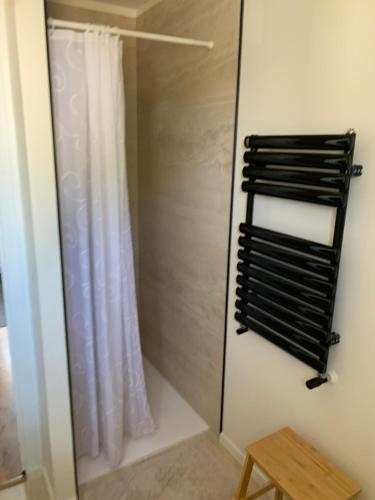 a shower with a mirror and a shower curtain at Ty Bihan Breizh in Pénestin