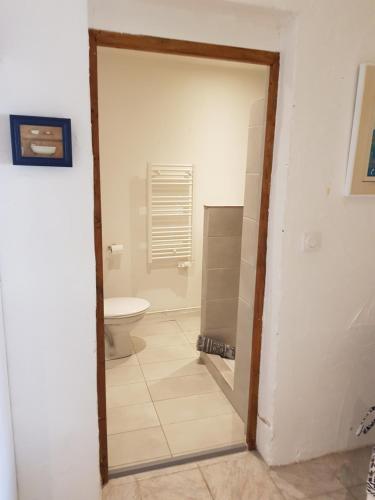 a bathroom with a door leading to a toilet at Le gîte des chambres de la grange in Cherval