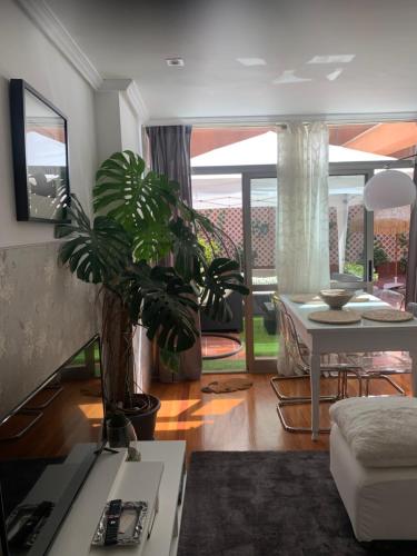 a living room with a table and a plant at Mar de Alcabre in Vigo