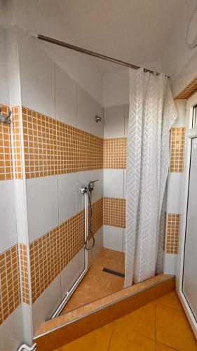 a bathroom with a shower with a shower curtain at Casa Anna in Tăşnad