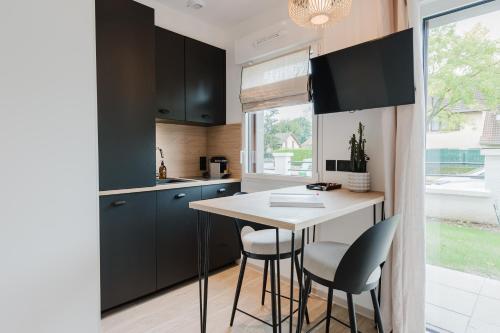 a kitchen with a table and chairs and a window at Appart Hotel Neostelia in Annecy