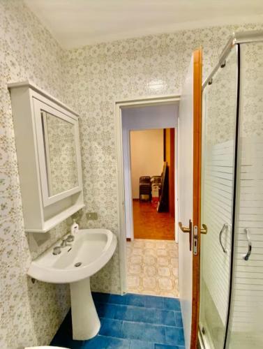a bathroom with a sink and a walk in shower at Deiva Marina Home a due passi dalle 5 terre in Deiva Marina