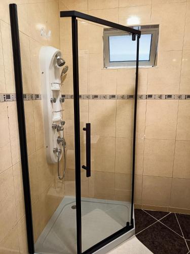 a shower with a glass door in a bathroom at Hostel Boutique Marisol in Monte Gordo