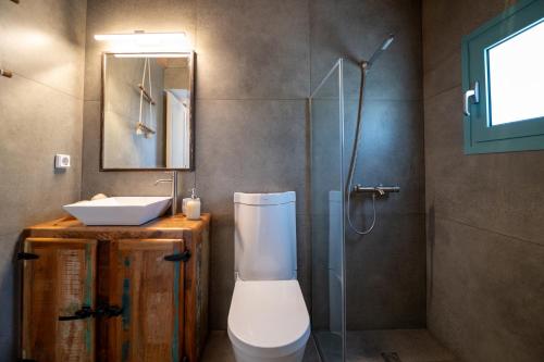 a bathroom with a toilet and a sink and a shower at Notte di Mare in Kardiani