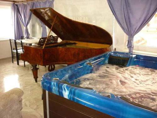a hot tub with a piano in a room with a tub at R1 Rolléder Apartman-ház in Siklós