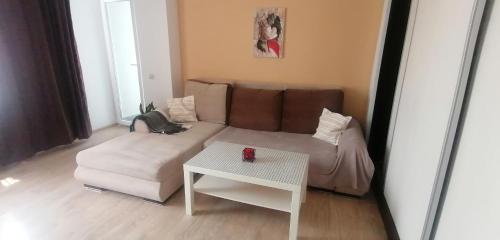 ein Wohnzimmer mit Sofa und Tisch in der Unterkunft Dancing soul studio in Bukarest