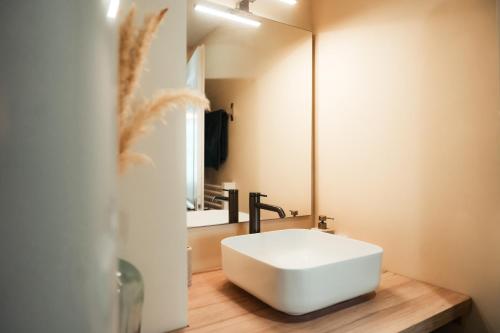 a bathroom with a white sink and a mirror at La Loge Saumuroise - Centre-ville & Local vélo in Saumur