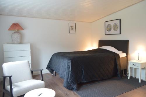a bedroom with a bed and a chair and a table at Serengeti & Stayover in Svebølle