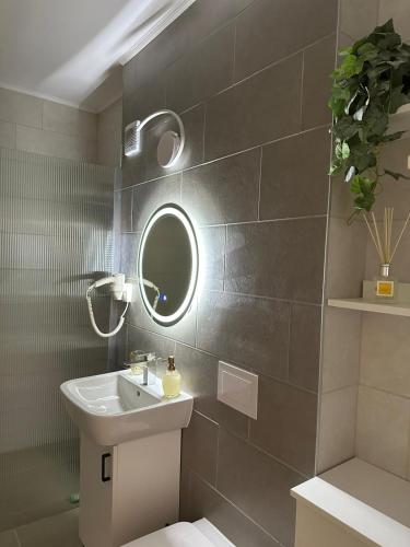 a bathroom with a sink and a mirror on the wall at Family Haven Segesvár in Sighişoara