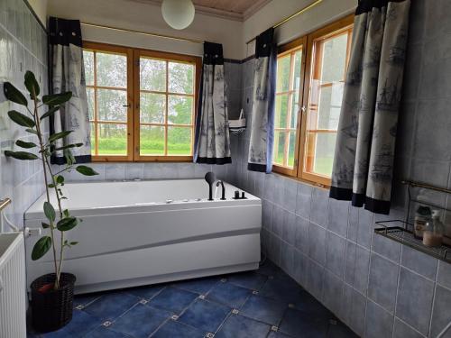 a bathroom with a tub and a window at Beach house Tolsburg with sauna in Toolse