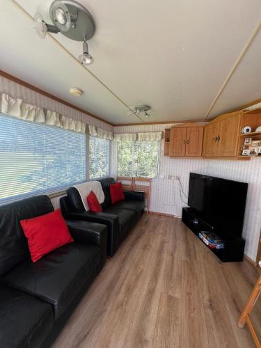 a living room with a black couch and a flat screen tv at The Cranagh in Coleraine