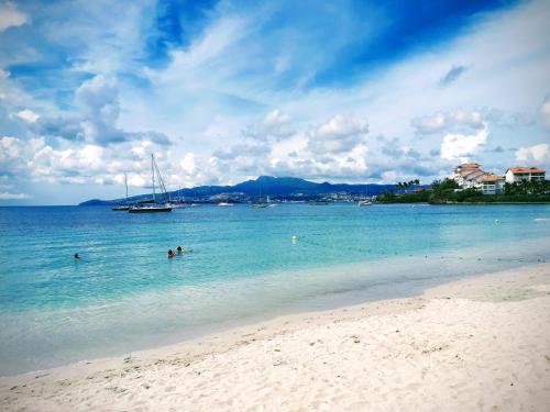 a beach with a sail boat in the water at Chambre Caribéenne in Les Trois-Îlets