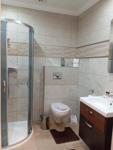 a bathroom with a shower and a toilet and a sink at Sofiia in Warsaw