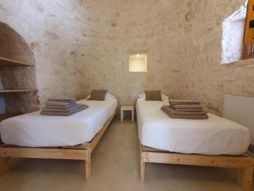 two twin beds in a room with a stone wall at Trullo Antonelli in Antonelli