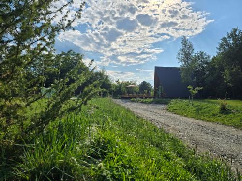 a gravel road with a building in the background at Api Aframe in Avrig
