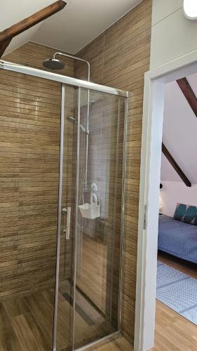 a shower with a glass door in a room at Sunčev breg in Tuheljske Toplice
