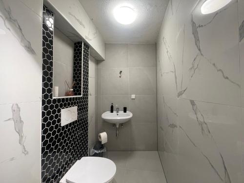 ein weißes Badezimmer mit Waschbecken und Toilette in der Unterkunft Burg Kapfenberg in Kapfenberg