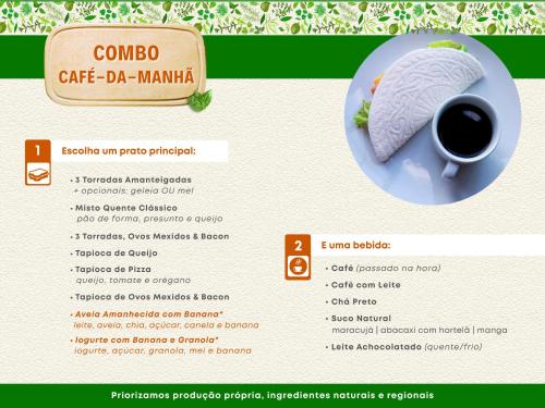 un menu per un caffè darma con una tazza di caffè di Pousada Caiçara Zen a Parati