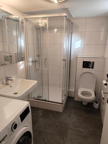 a bathroom with a shower and a toilet and a sink at Mobilierte Monteuerswohnungen mit 5 Betten Stuttgart, Böblingen, Reutlingen, Waldenbuch - HeimbachOG in Waldenbuch