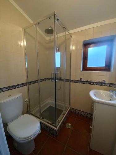 a bathroom with a shower and a toilet and a sink at Da Serra Studio House in Alqueidão da Serra