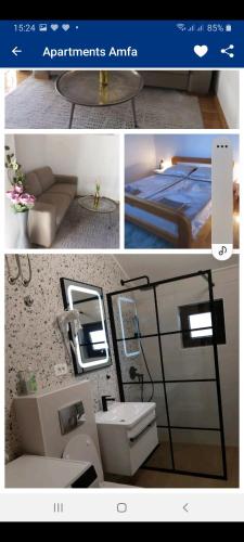 a collage of two pictures of a bathroom at Apartments Amfa in Biograd na Moru