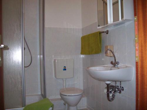 La salle de bains est pourvue de toilettes, d'un lavabo et d'une douche. dans l'établissement Ferienwohnung Lilly, à Wittenberge