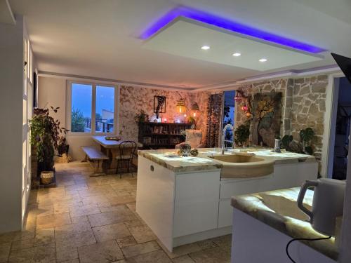 une cuisine avec un évier et un plan de travail dans l'établissement Beautiful sea view, quiet in agricultural property, à Antibes