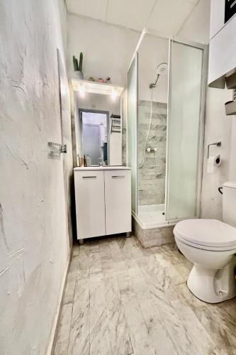 une salle de bain blanche avec toilettes et douche dans l'établissement Studio Oiseau Bleu Plage Môle Port & Centre Cap d Agde, au Cap d'Agde