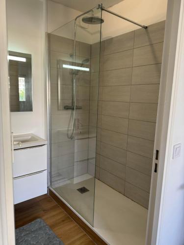une douche en verre dans une salle de bain avec un lavabo dans l'établissement Sea Oceane, à La Rochelle