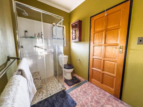 a bathroom with a shower with a toilet and a glass door at Melville Penthouse With Stunning Views in Johannesburg