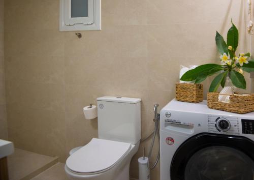 a bathroom with a toilet and a washing machine at casa NEFELI in Karteros