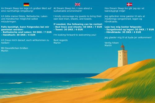 a poster of a lighthouse on a beach at Dream Sleep Inn in Aalborg