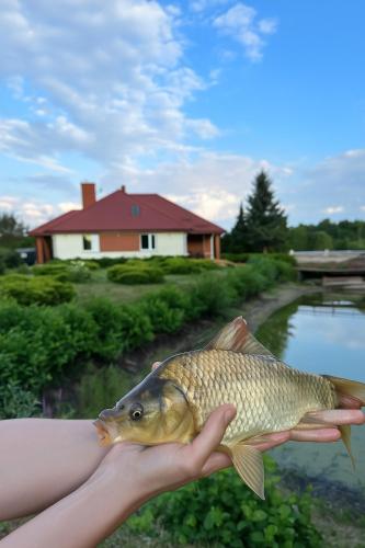 a person holding a fish in their hand at Willa u Bociana in Siemianówka